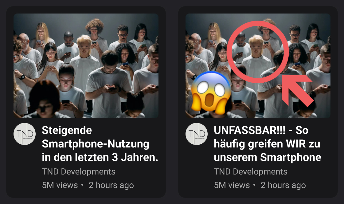 Vergleich zweier Videos mit unterschiedlichem Titel und Thumbnail. In dem unteren Beispiel dienen die Formulierung und die Hervorhebungen in dem Bild als Blickfang und idealer Einstiegspunkt über die <i>Aufmerksamkeit</i>.